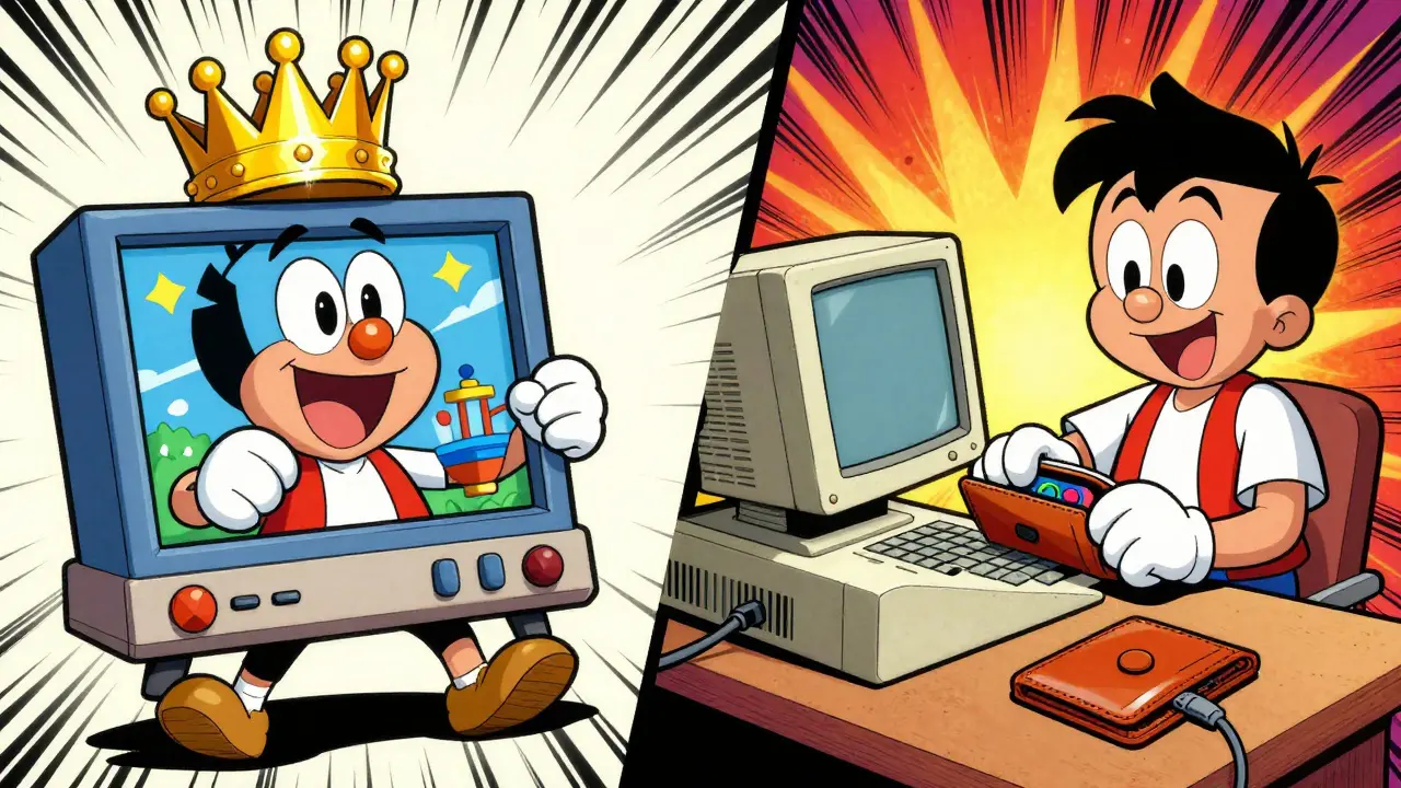 Vintage cartoon showing a gamer winning a crown and connecting a digital wallet.