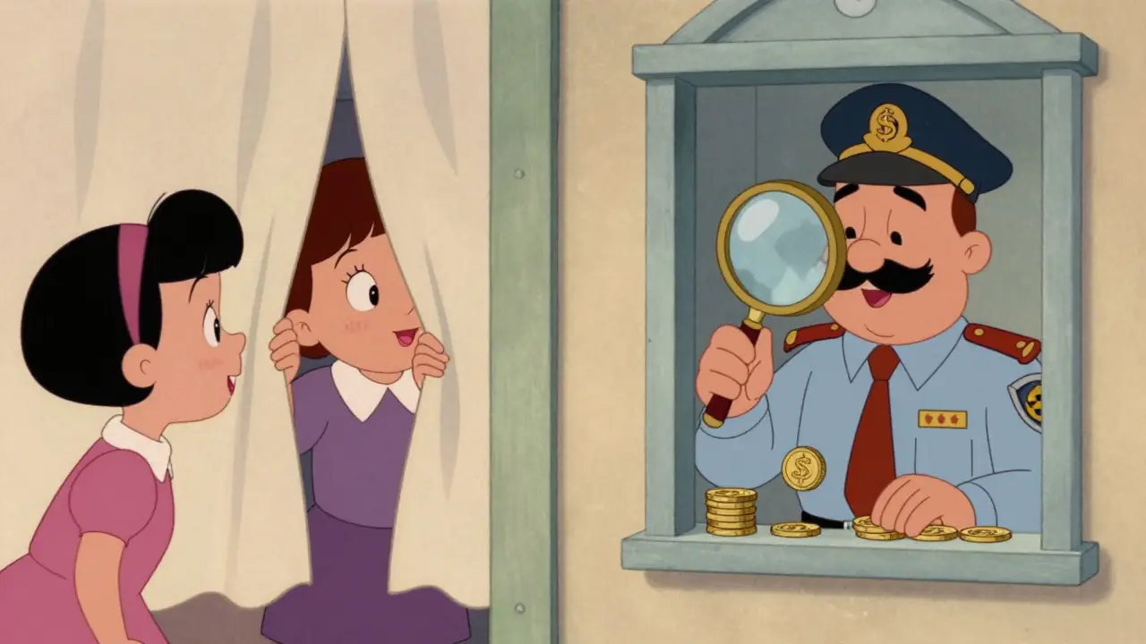 Vintage cartoon showing a person hiding coins from a neighbor while an auditor watches through a keyhole.