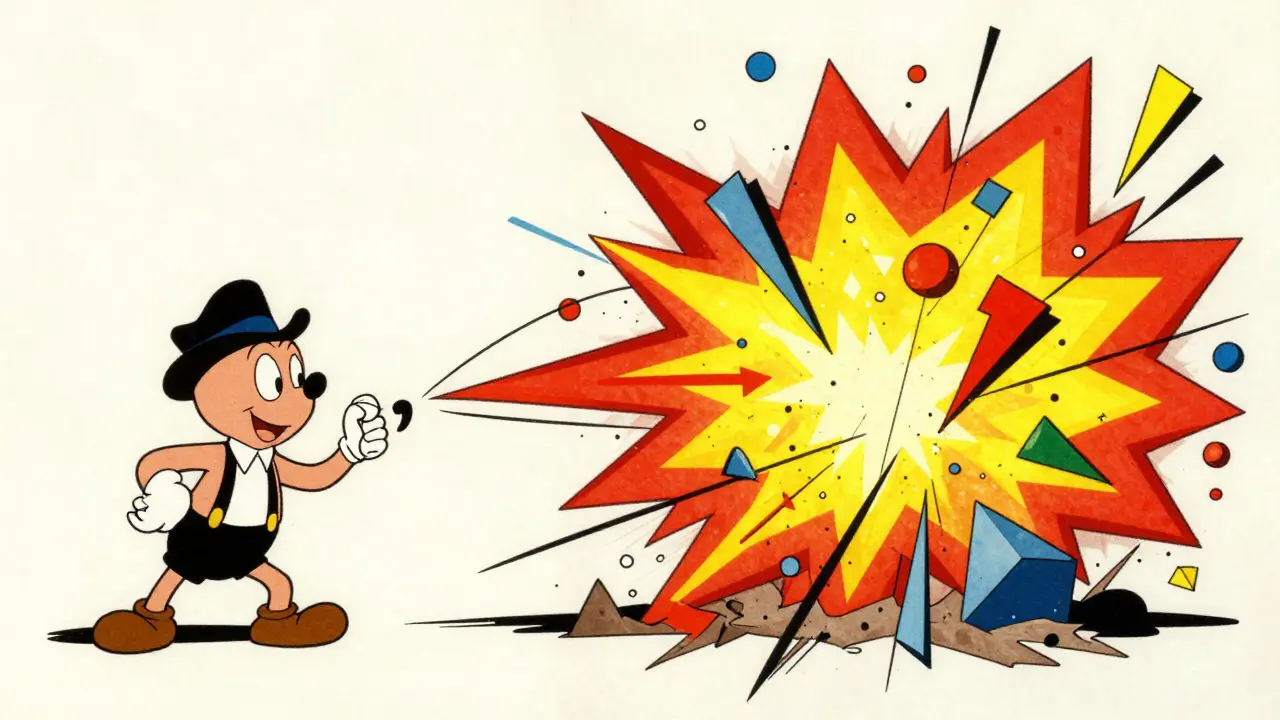 Vintage cartoon showing a small change in a document causing a massive, colorful explosion.