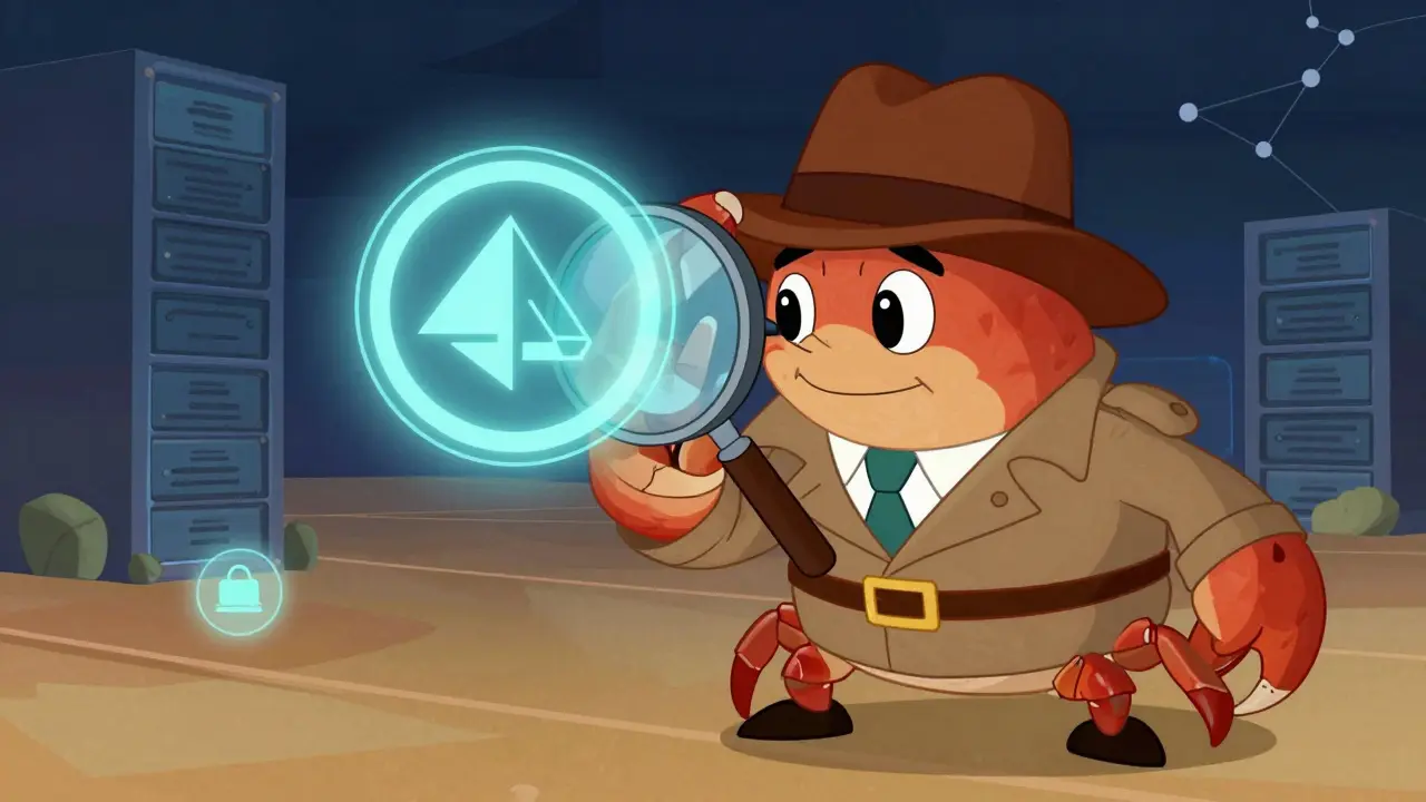 A cartoon crab detective examining a digital crypto token with a magnifying glass.