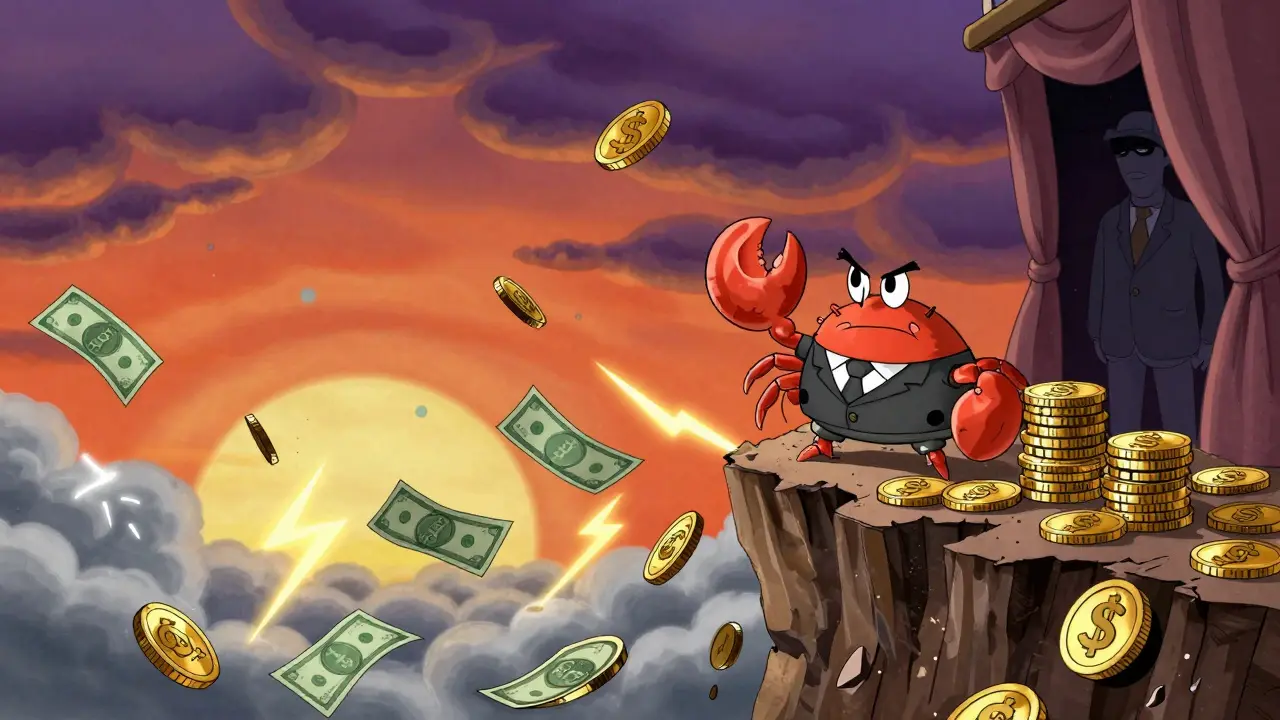 A cartoon crab on a cliff edge overlooking a storm of falling coins and risk.