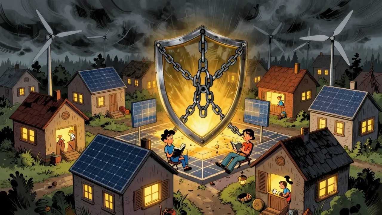 A neighborhood protected by a blockchain shield during a storm in vintage comic art style.