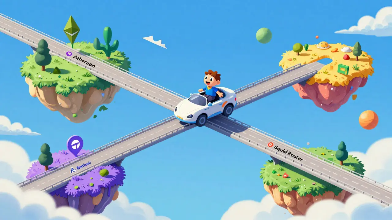 A retro illustration of a character crossing a bridge between blockchain islands, showing cross-chain swaps.
