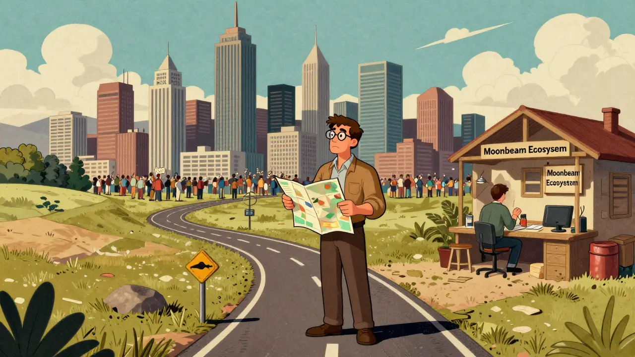 A vintage cartoon of an investor choosing between a busy city and a niche workshop path.