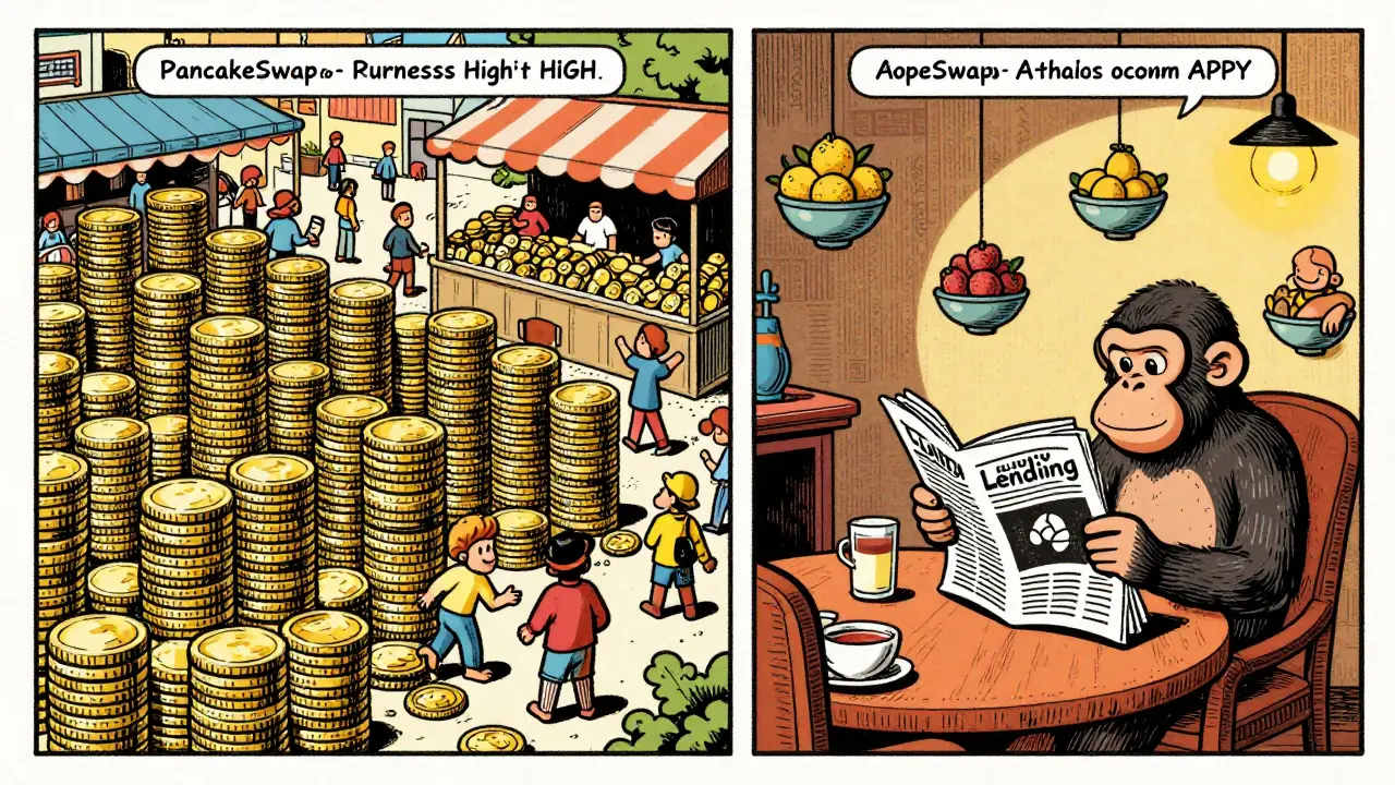 Cartoon comparing a busy exchange with a cozy high-yield private club.