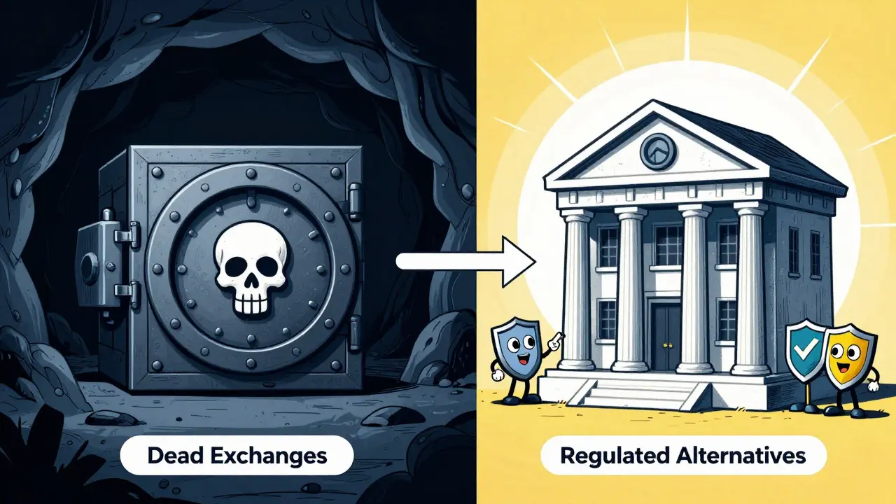 Cartoon comparing unsafe dead exchange vs safe regulated bank