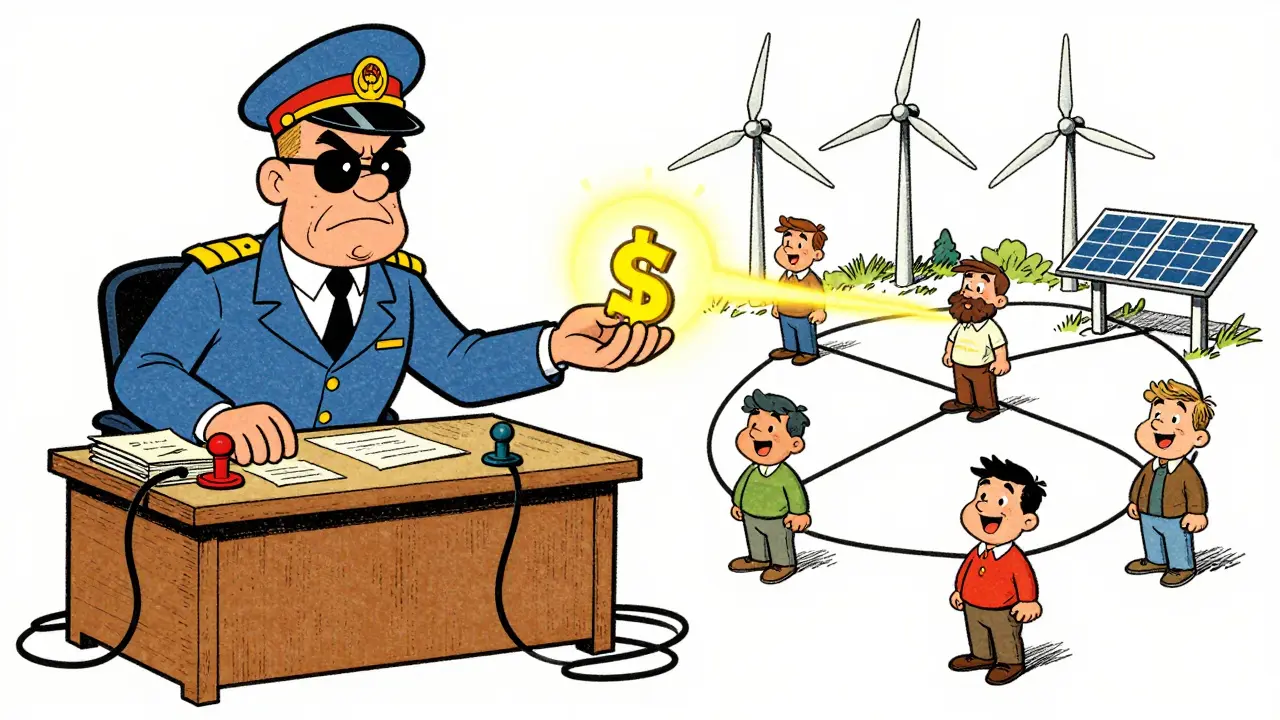 Cartoon comparison of a tangled utility monopoly versus a clean peer-to-peer energy network.
