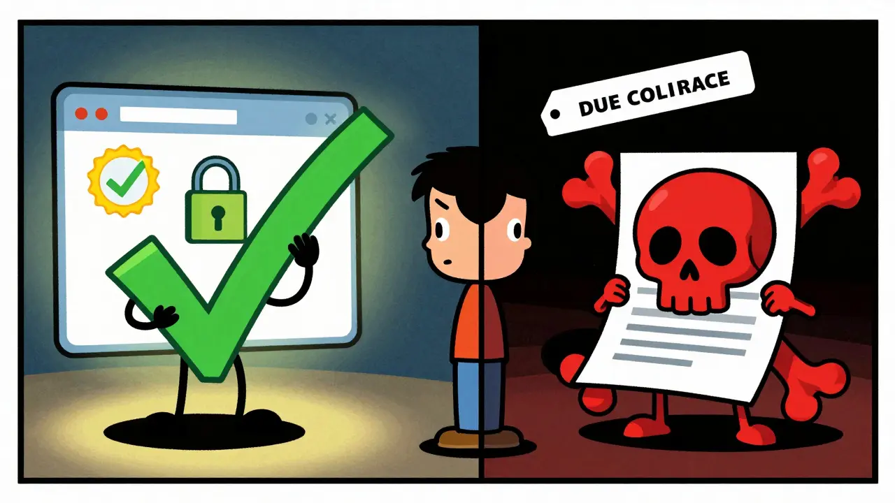 Cartoon comparison of safe verification versus risky phishing links for crypto users.