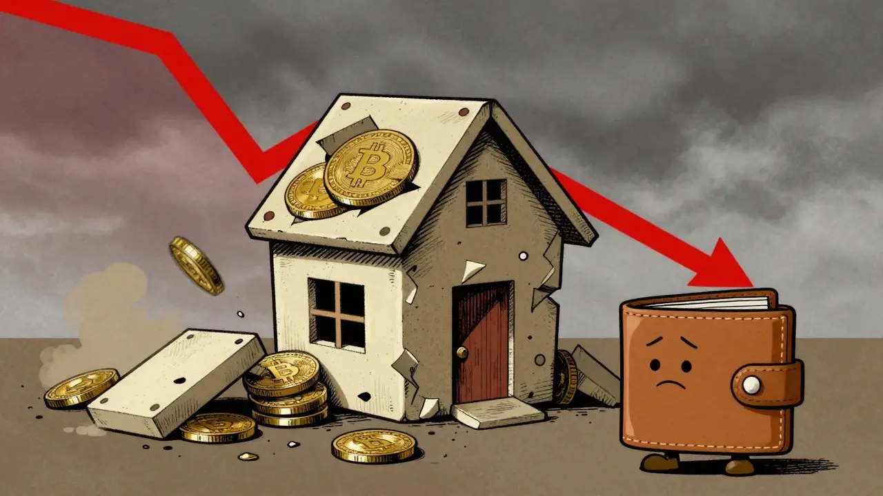 Cartoon illustration of a collapsing house of cards made of crypto tokens.