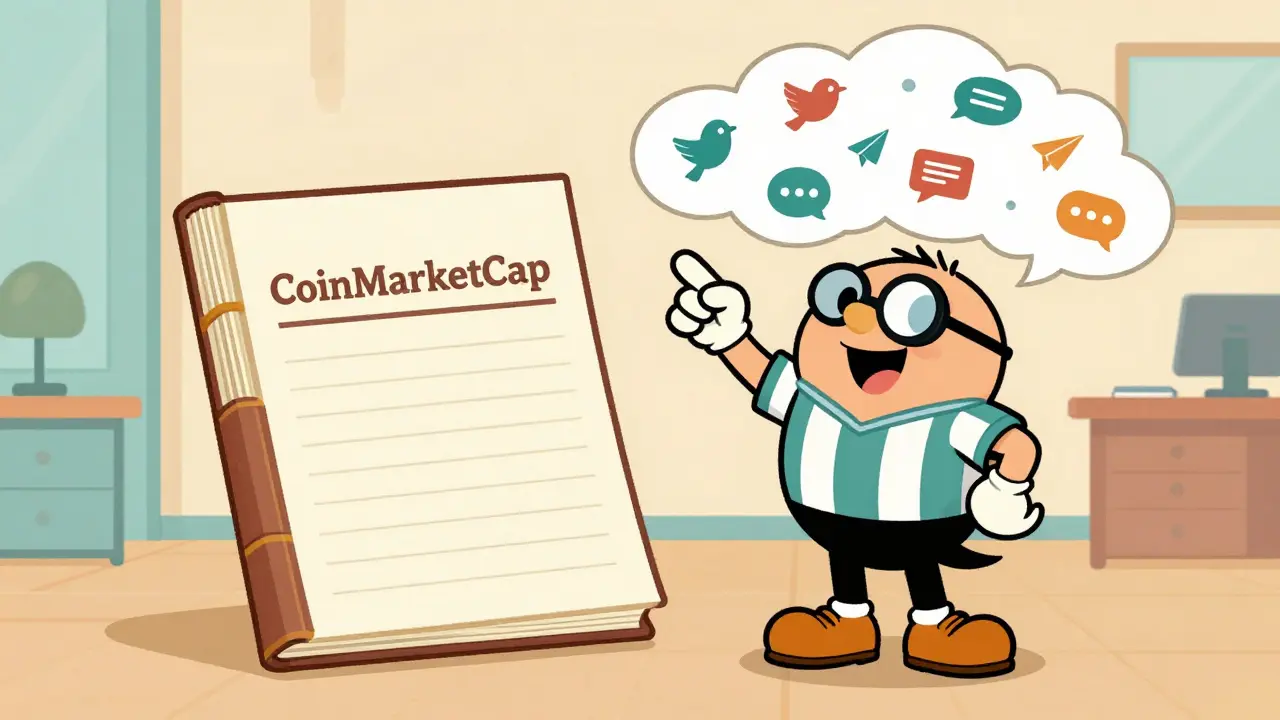 Cartoon mascot pointing to social media icons near a ledger