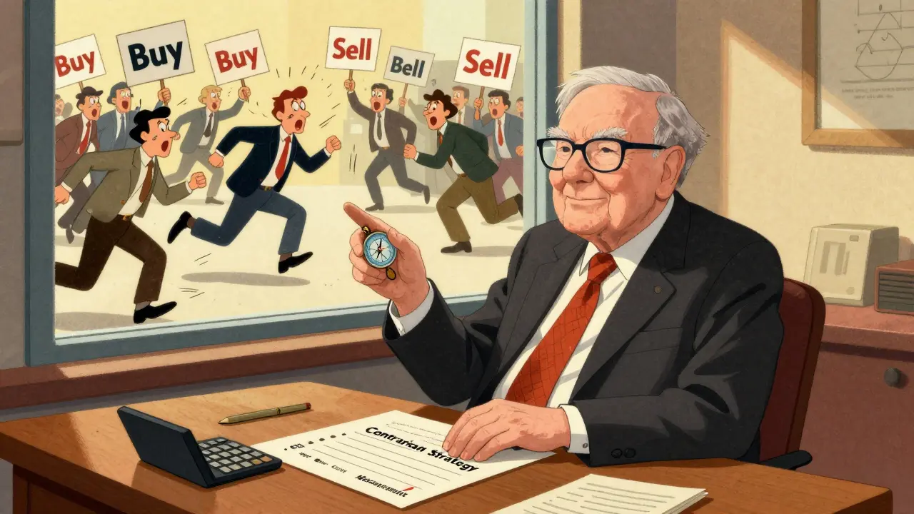 Cartoon of calm investor using contrarian strategy amid market chaos
