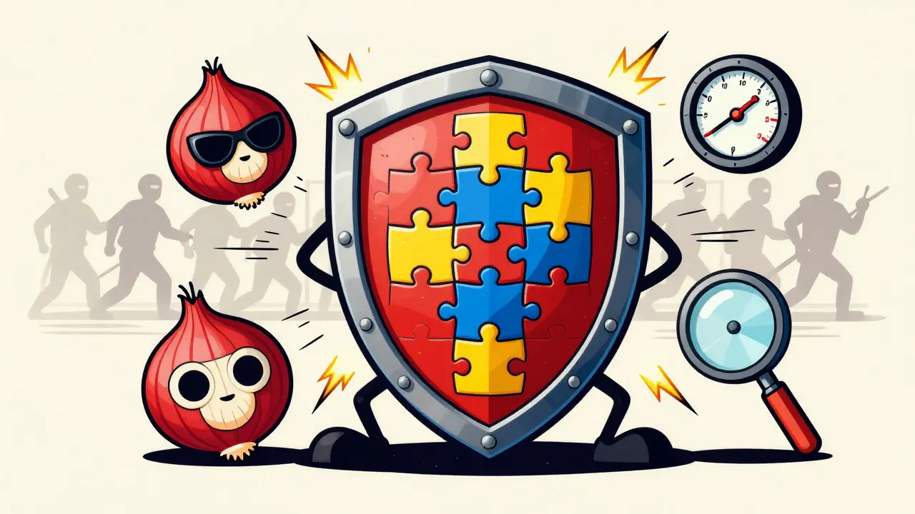 Cartoon shield protecting a crypto wallet node from attackers using various security tools like Tor masks.