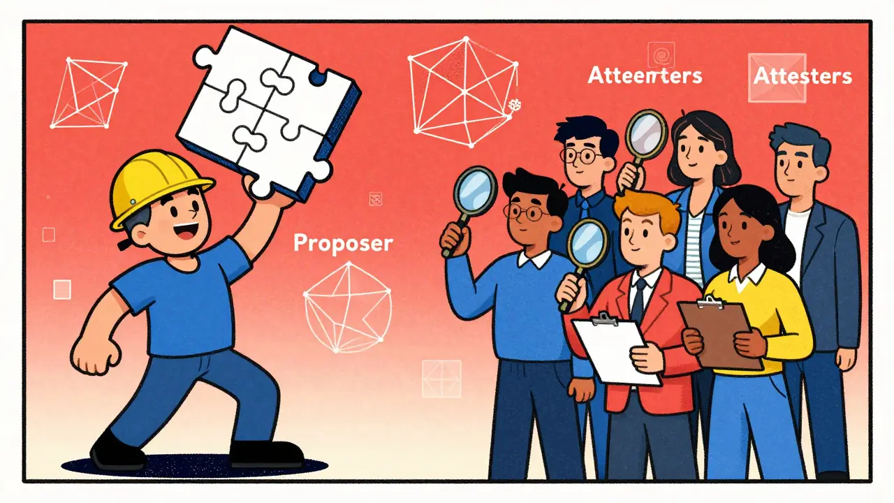 Cartoon showing a block proposer and attesters verifying network data.