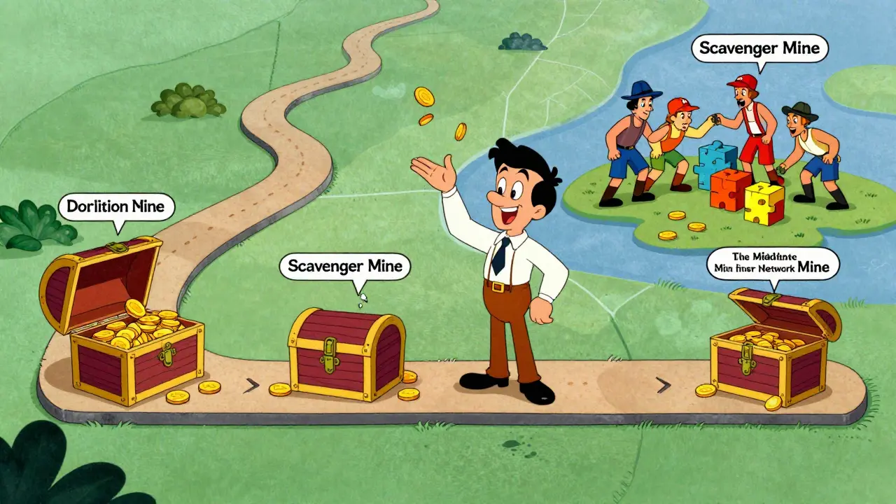Cartoon showing a timeline of token unlocking phases and a scavenger mine for leftovers.