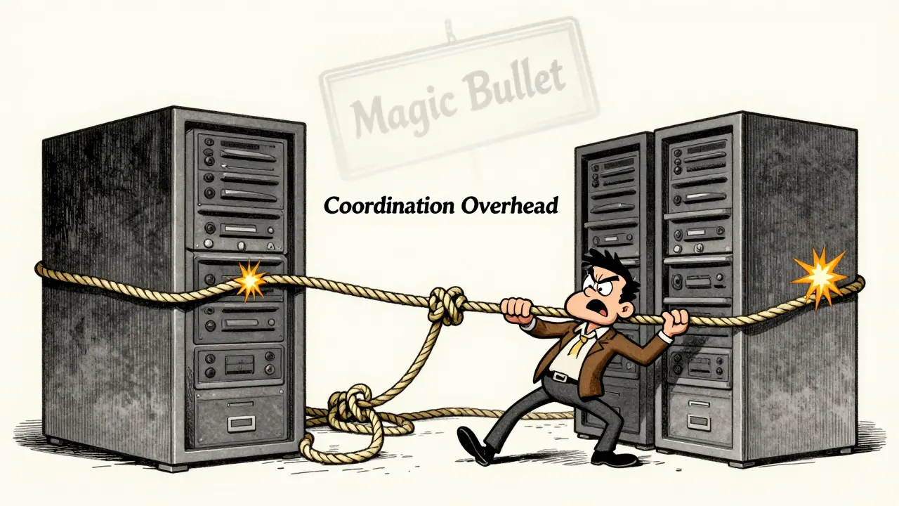 Cartoon showing tangled ropes between servers representing complex cross-shard transactions.