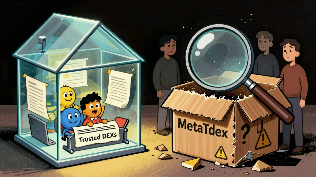 Comparison of a transparent safe building versus a crumbling opaque box with warnings.