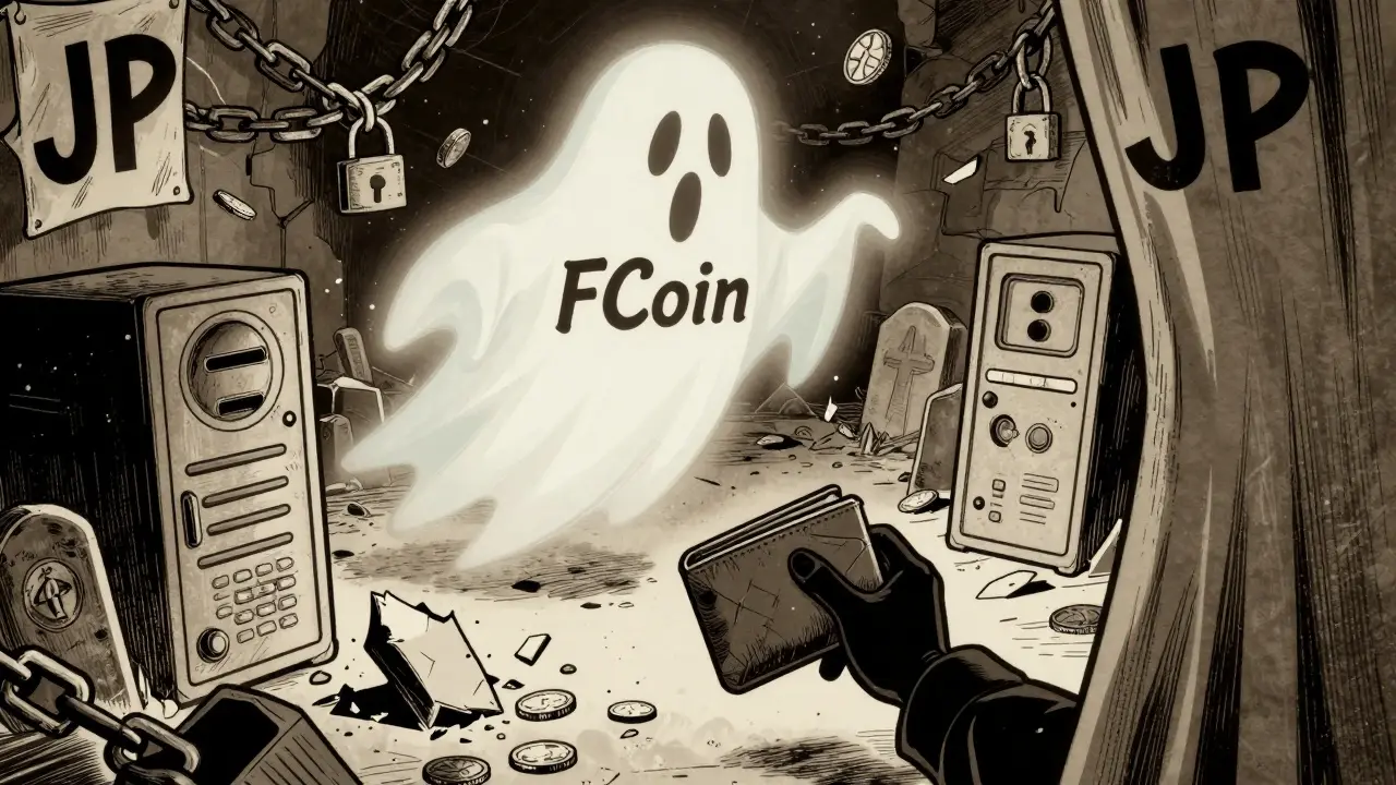 Ghost of defunct FCoin exchange haunting a graveyard while a scammer hides nearby.