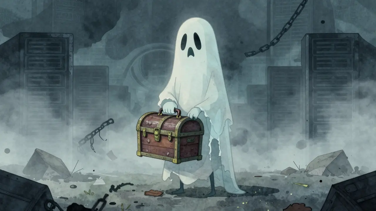 Ghostly figure with an empty chest in a desolate digital landscape.
