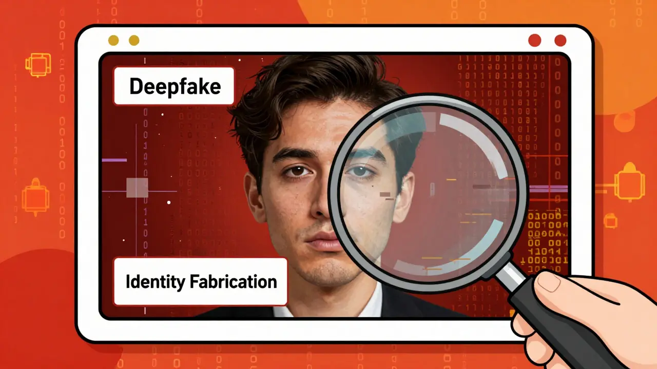 Glitchy deepfake face under magnifying glass inspection