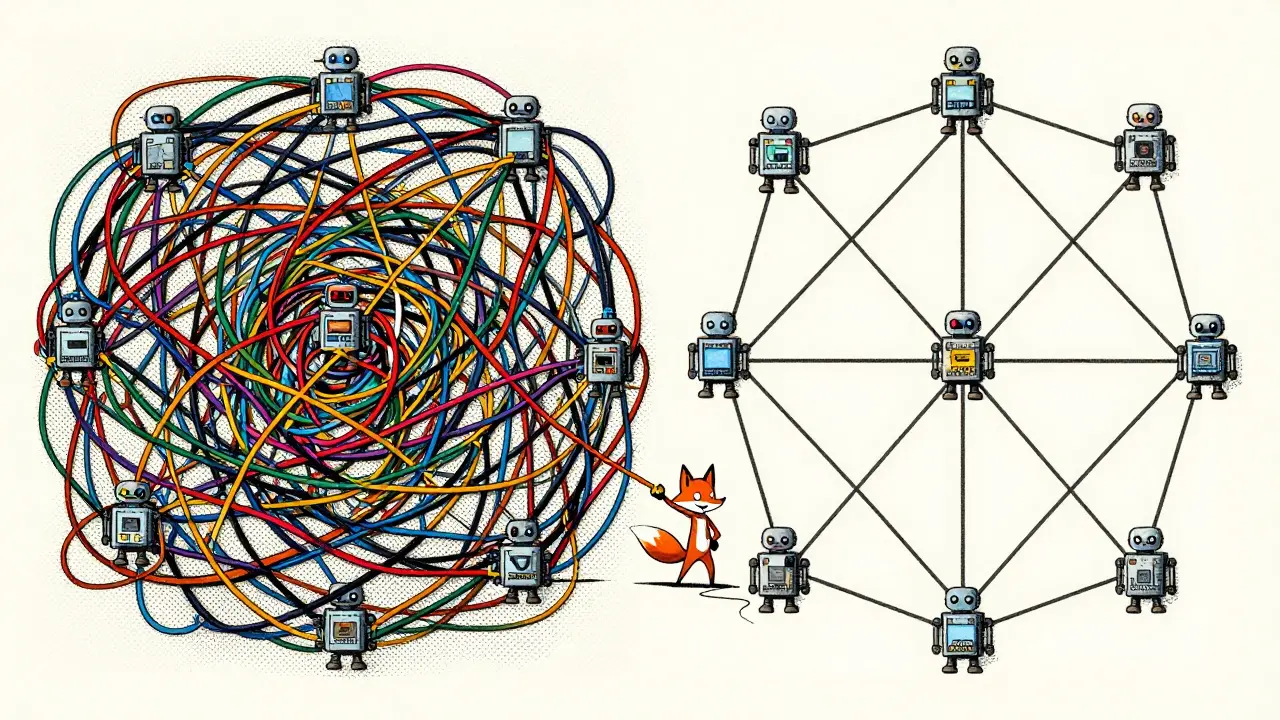 Illustration comparing chaotic random graph vs structured grid network topologies with a fox disrupting it.