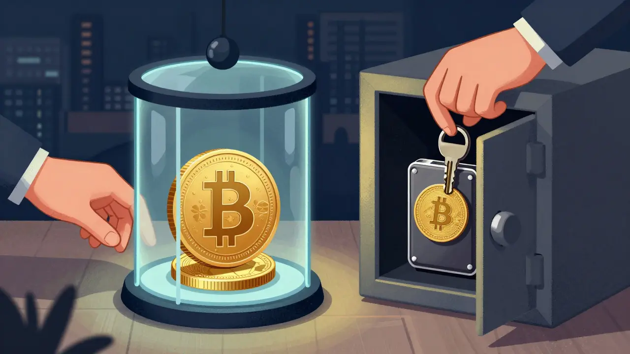 Illustration of digital ruble cage versus safe offline hardware wallet