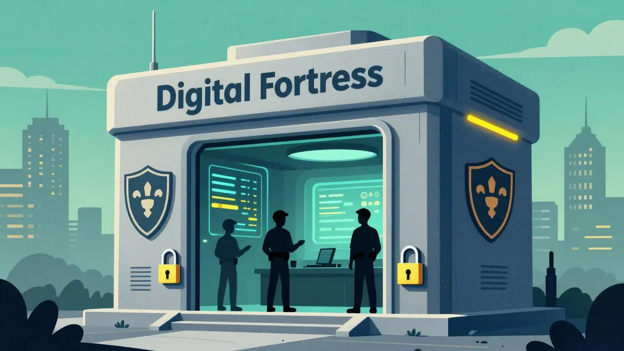 Illustration of secure digital fortress representing crypto compliance