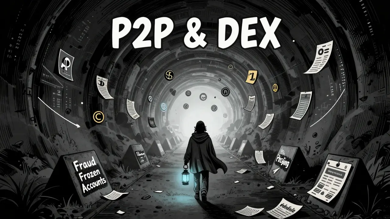 Illustration of user navigating risky P2P and decentralized trading paths