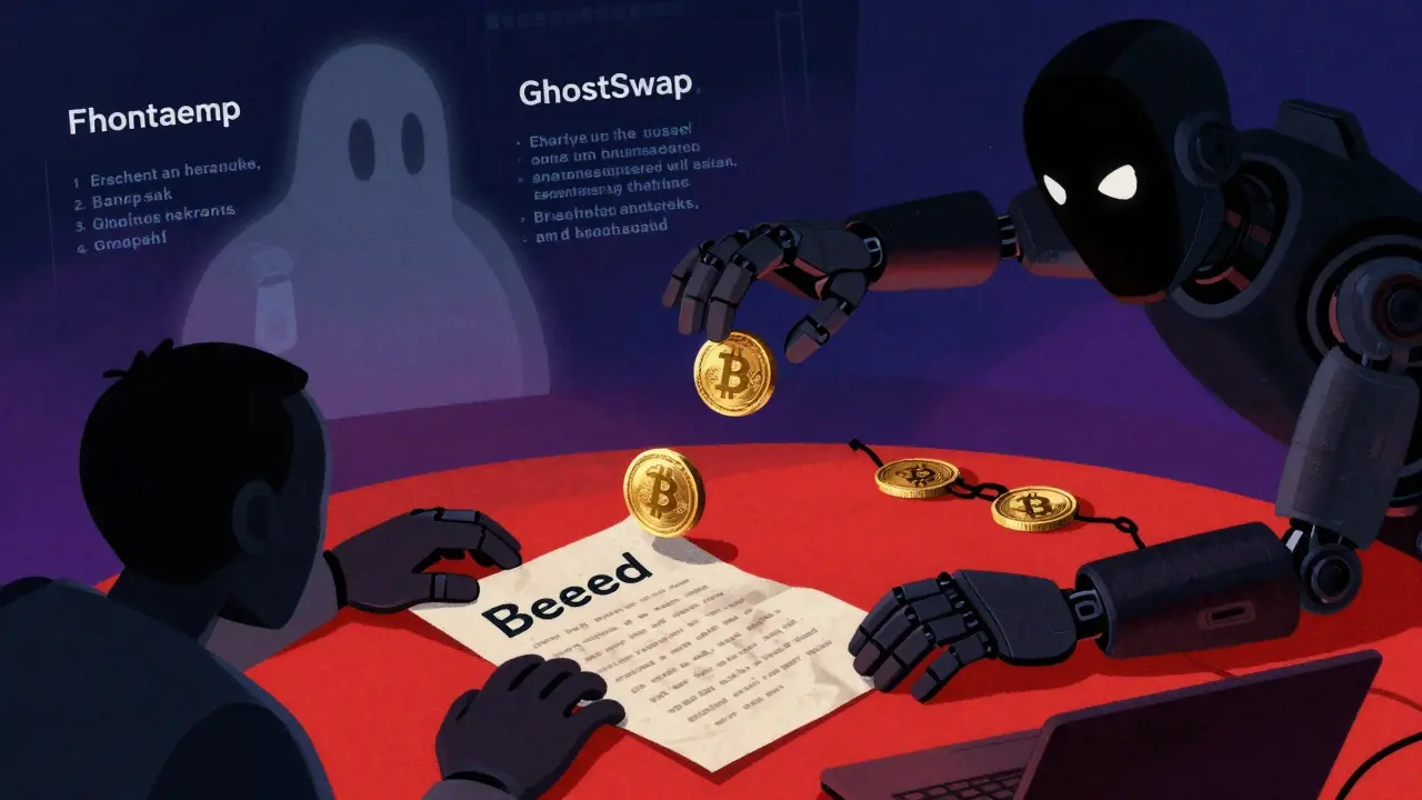 Illustration showing crypto security risks like bot attacks and phishing threats.