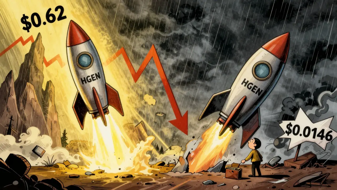 Illustration showing HGEN token price crashing from peak to trough.