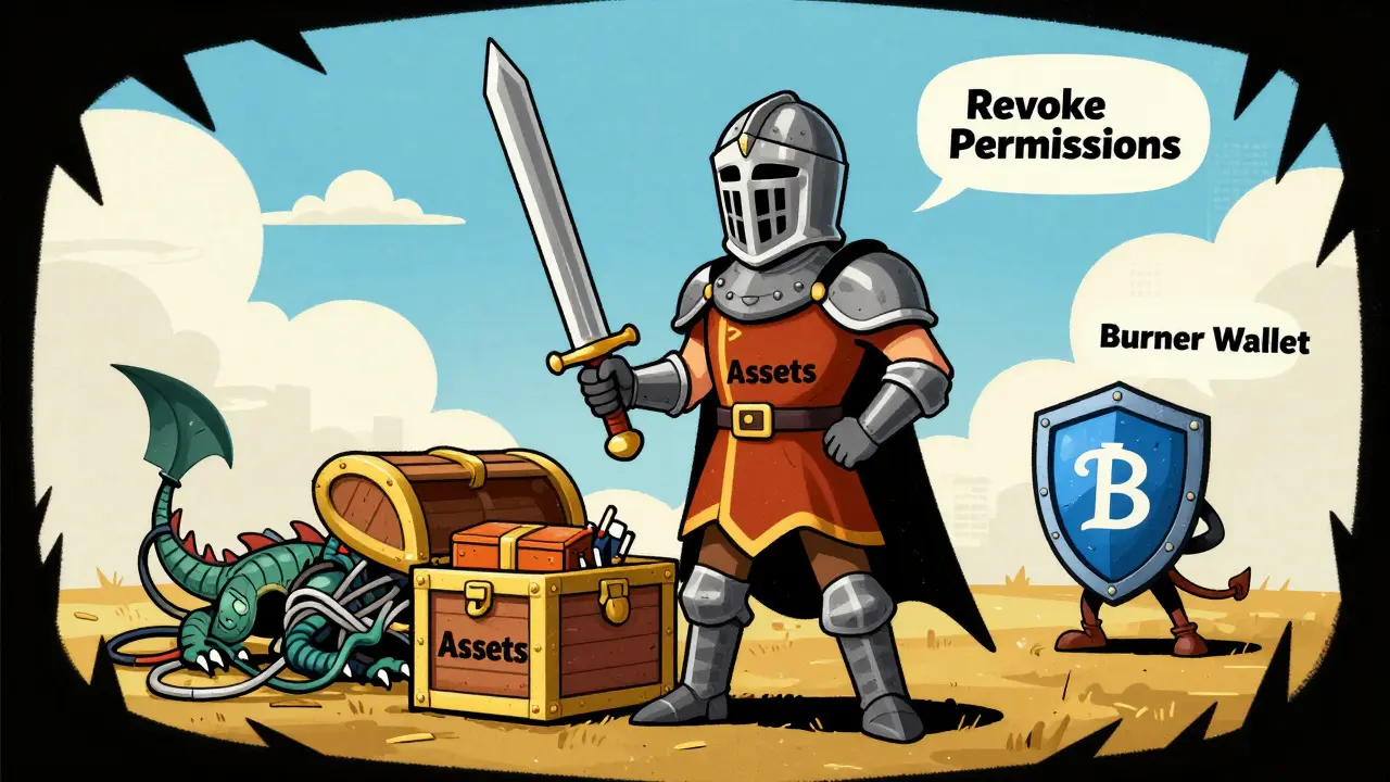 Knight protecting crypto assets from malicious code using security tools in vintage art.