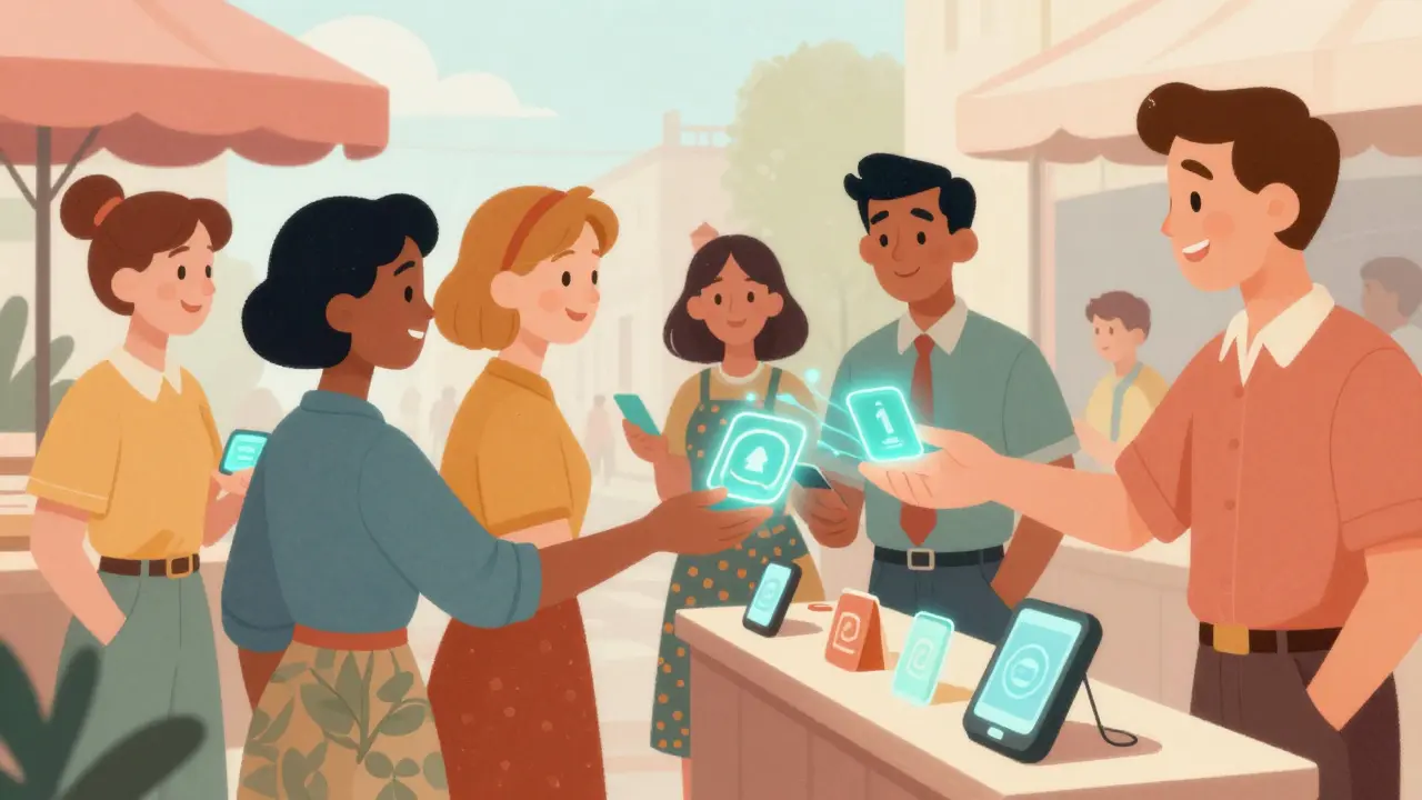 People buying goods at a market using floating digital coins in a vintage cartoon style.