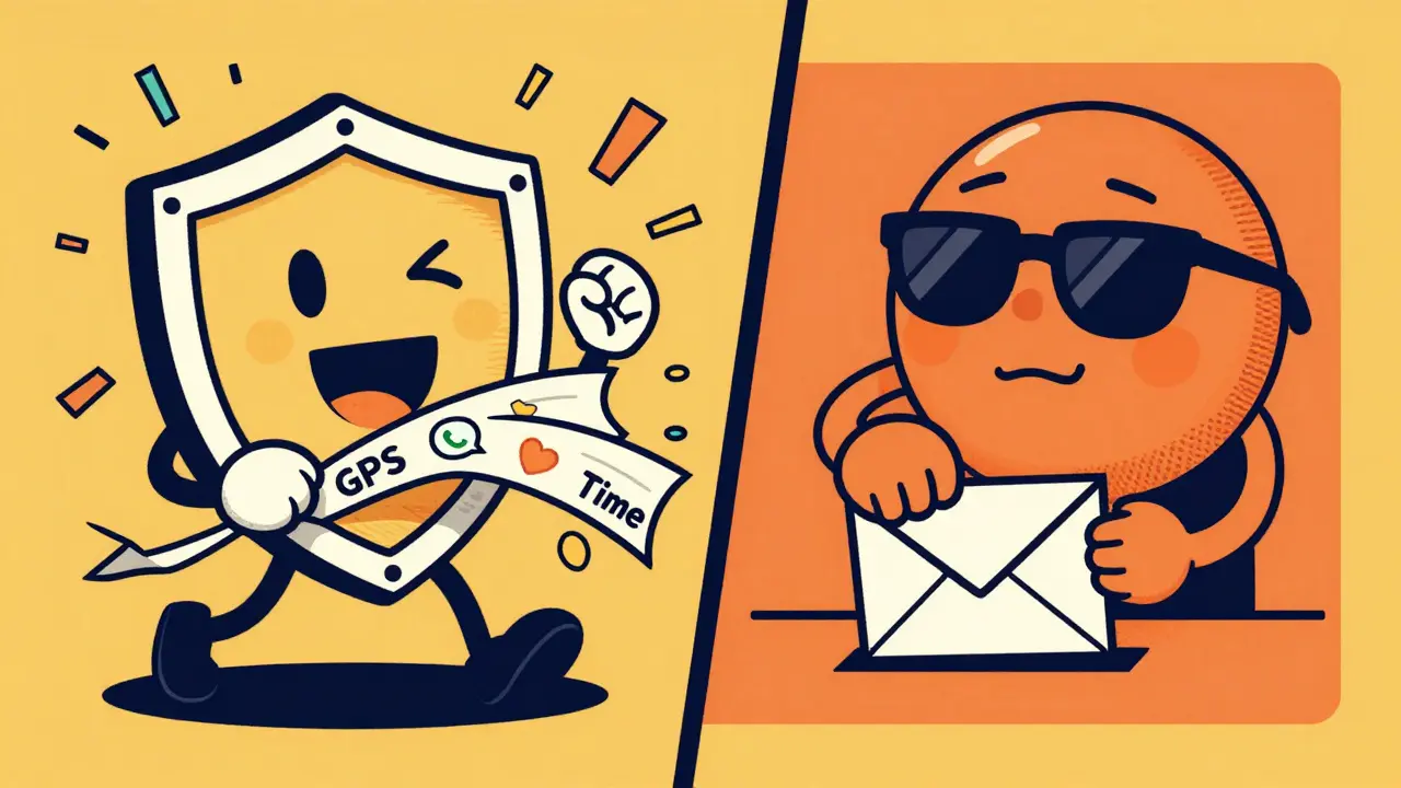 Retro cartoon comparing messengers stripping vs keeping photo metadata