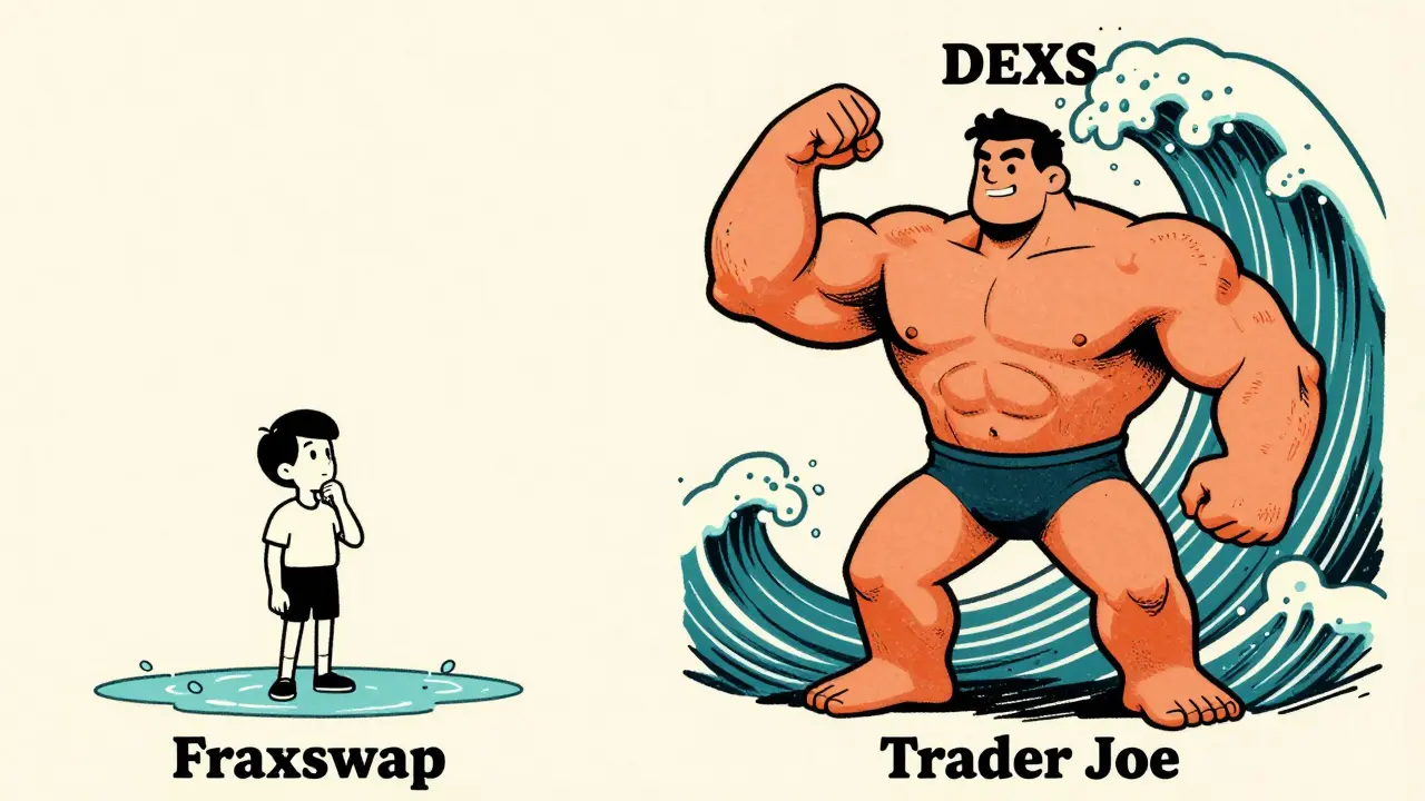 Retro illustration comparing a small, precise Fraxswap figure to a massive, high-volume Trader Joe bodybuilder.