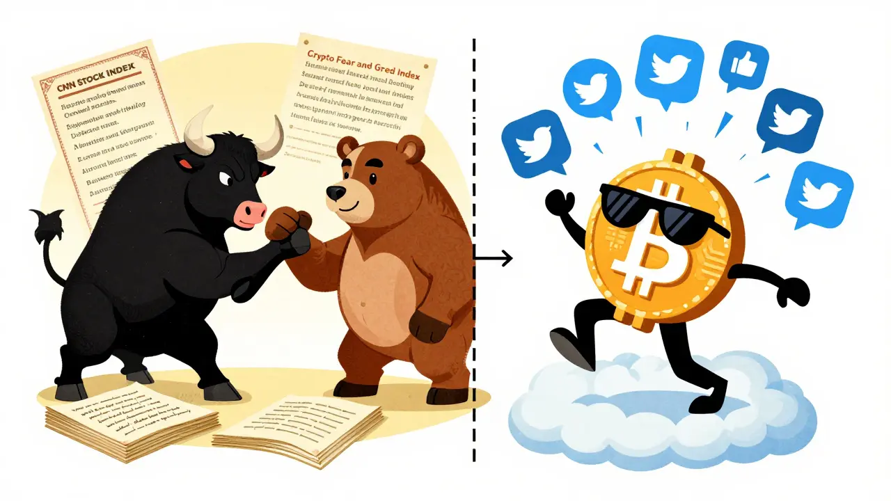 Retro illustration comparing stock market bulls/bears with crypto bitcoin