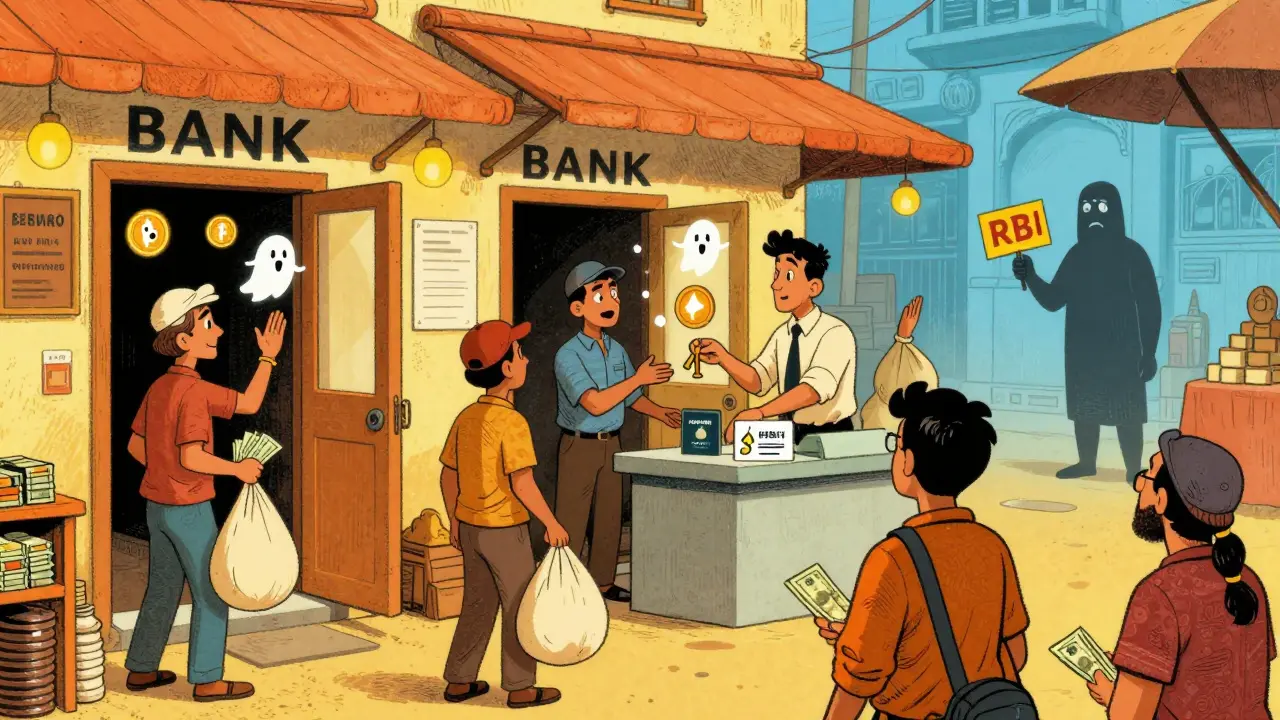 Retro illustration of banks reopening for crypto transactions in India.