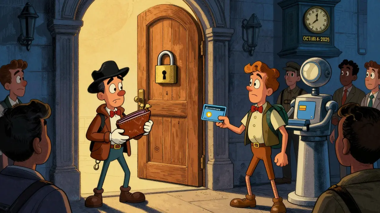 Retro illustration of users trying to claim tokens at a closed door with wallets and clocks.