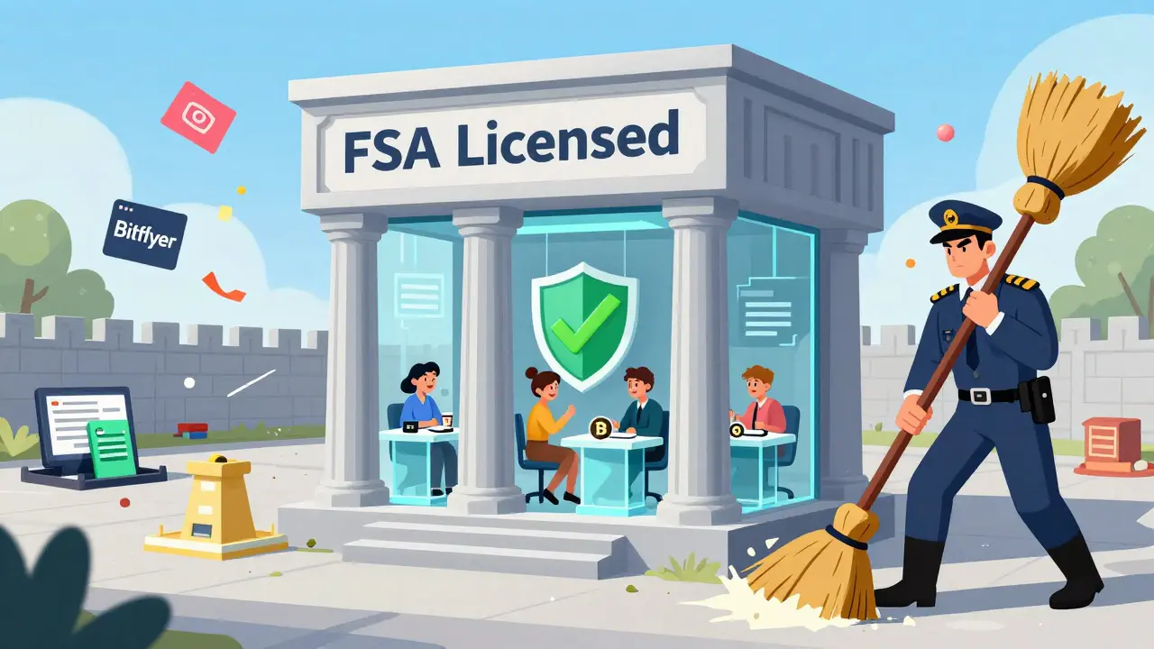 Secure licensed crypto exchange protected by regulators against outside scams in cartoon art.