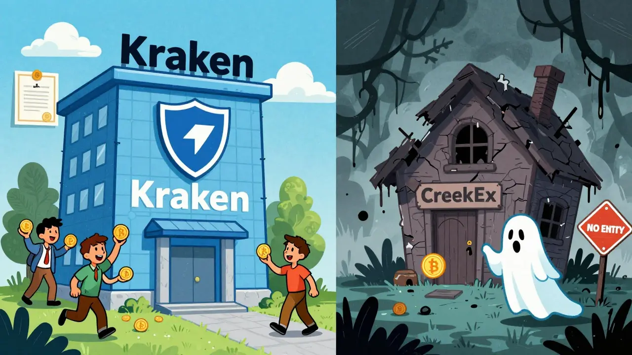 Split cartoon showing safe Kraken exchange vs spooky CreekEx scam shack.