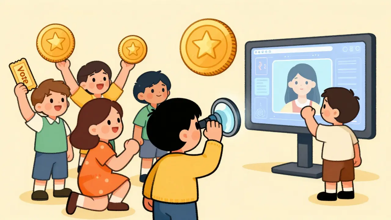 Stylized fans voting and accessing content with floating coin icons