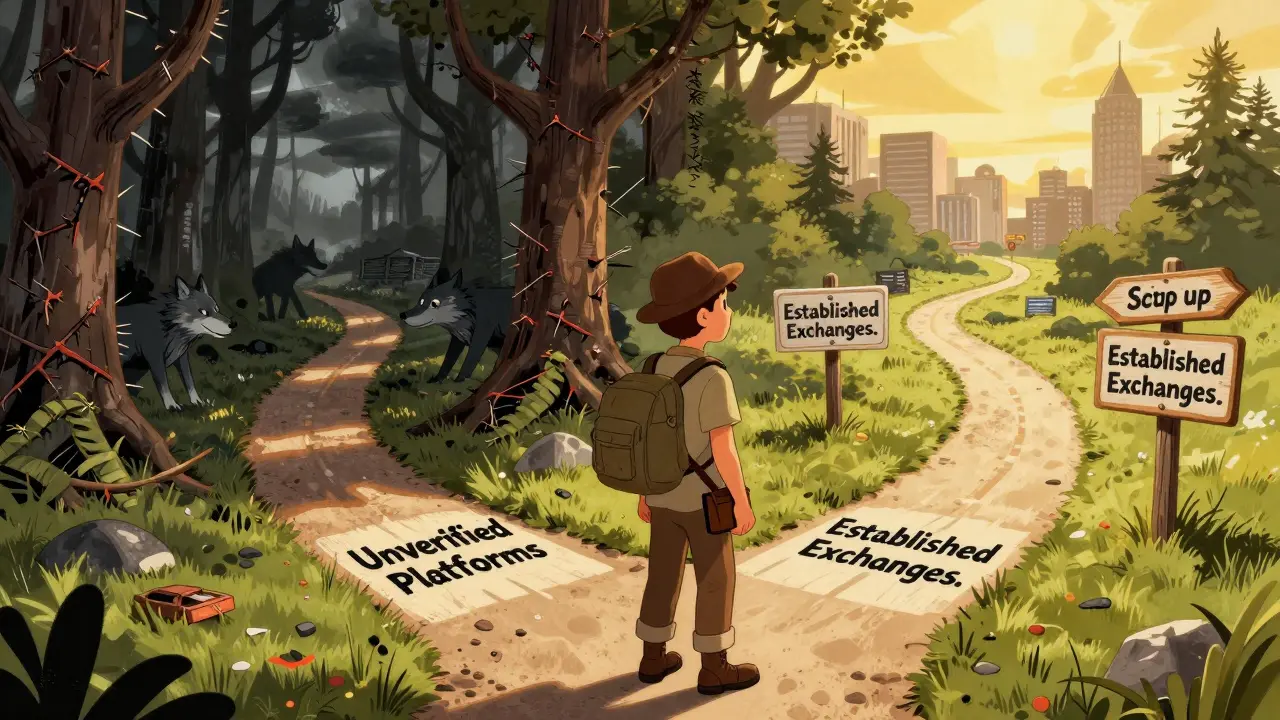 Traveler choosing between a dark dangerous path and a bright safe road for trading.