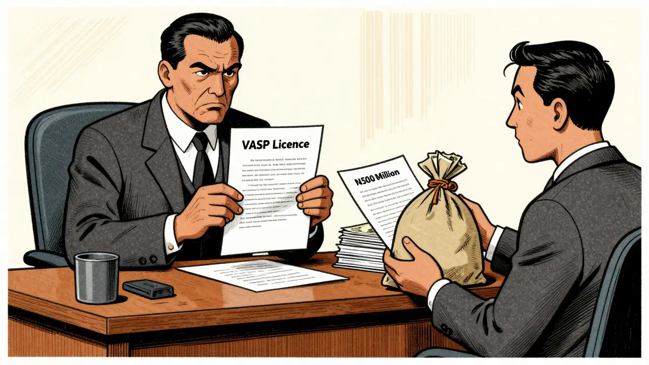 Vintage cartoon of entrepreneur applying for VASP license at SEC office