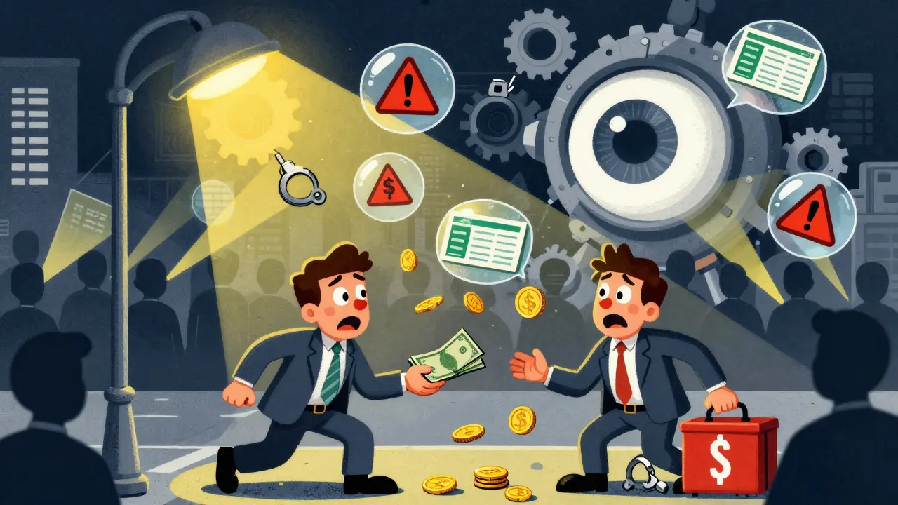 Vintage cartoon of P2P traders facing account freezes and police