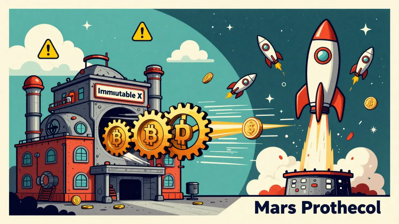Vintage cartoon of tech factories and rocket launches showing crypto risks
