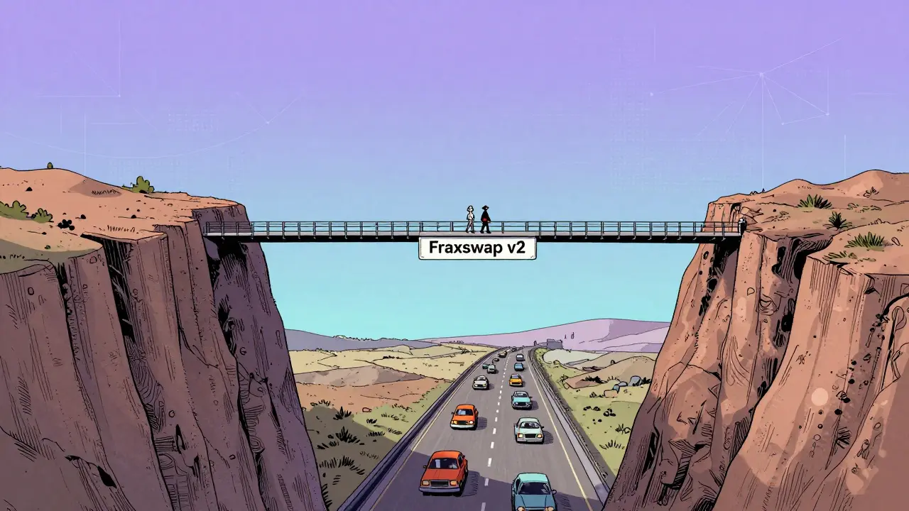 Vintage cartoon showing a quiet, narrow Fraxswap bridge over a busy Avalanche blockchain highway.
