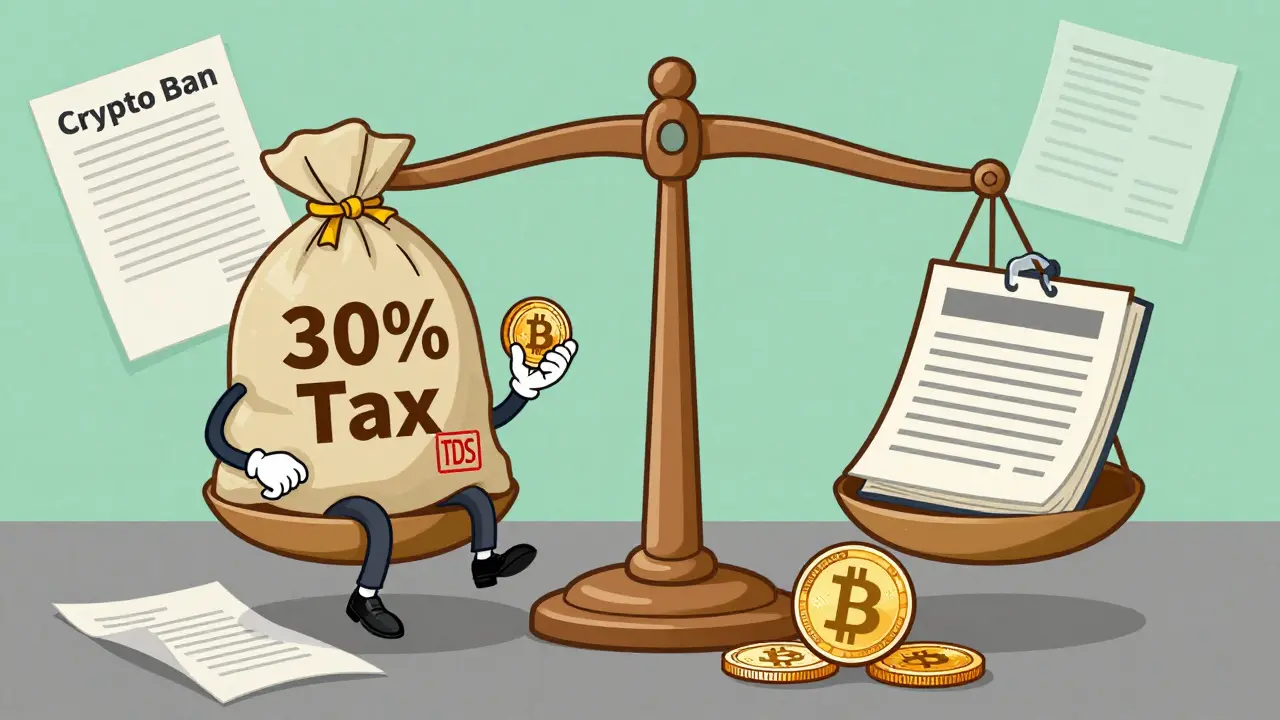 Vintage cartoon showing crypto tax regulation and shelved ban bill.