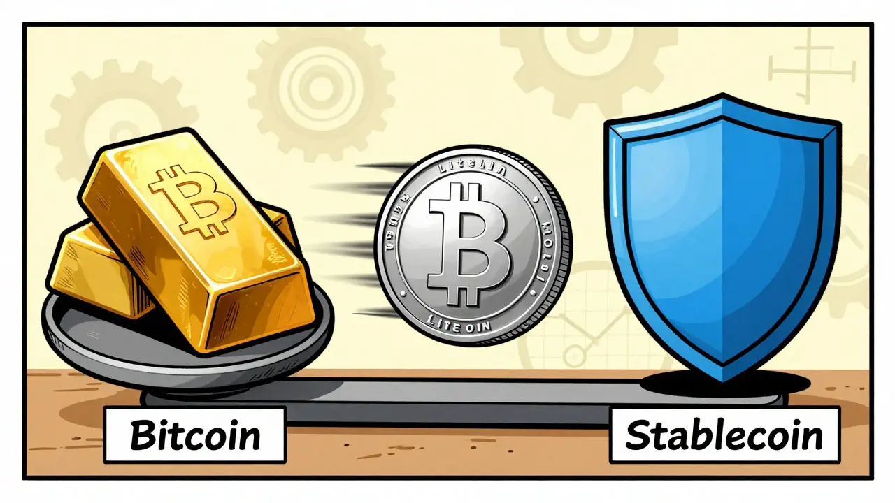 Vintage comic-style comparison of Bitcoin, Litecoin, and Stablecoins using gold, silver, and shield metaphors.