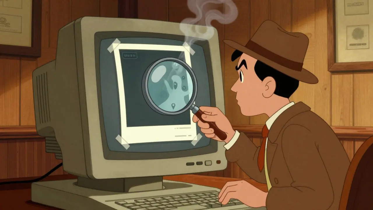 Vintage detective inspecting a photo to remove hidden metadata ghosts
