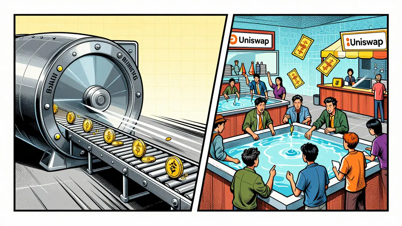 Vintage illustration comparing fast CEX vaults with transparent DEX marketplaces.