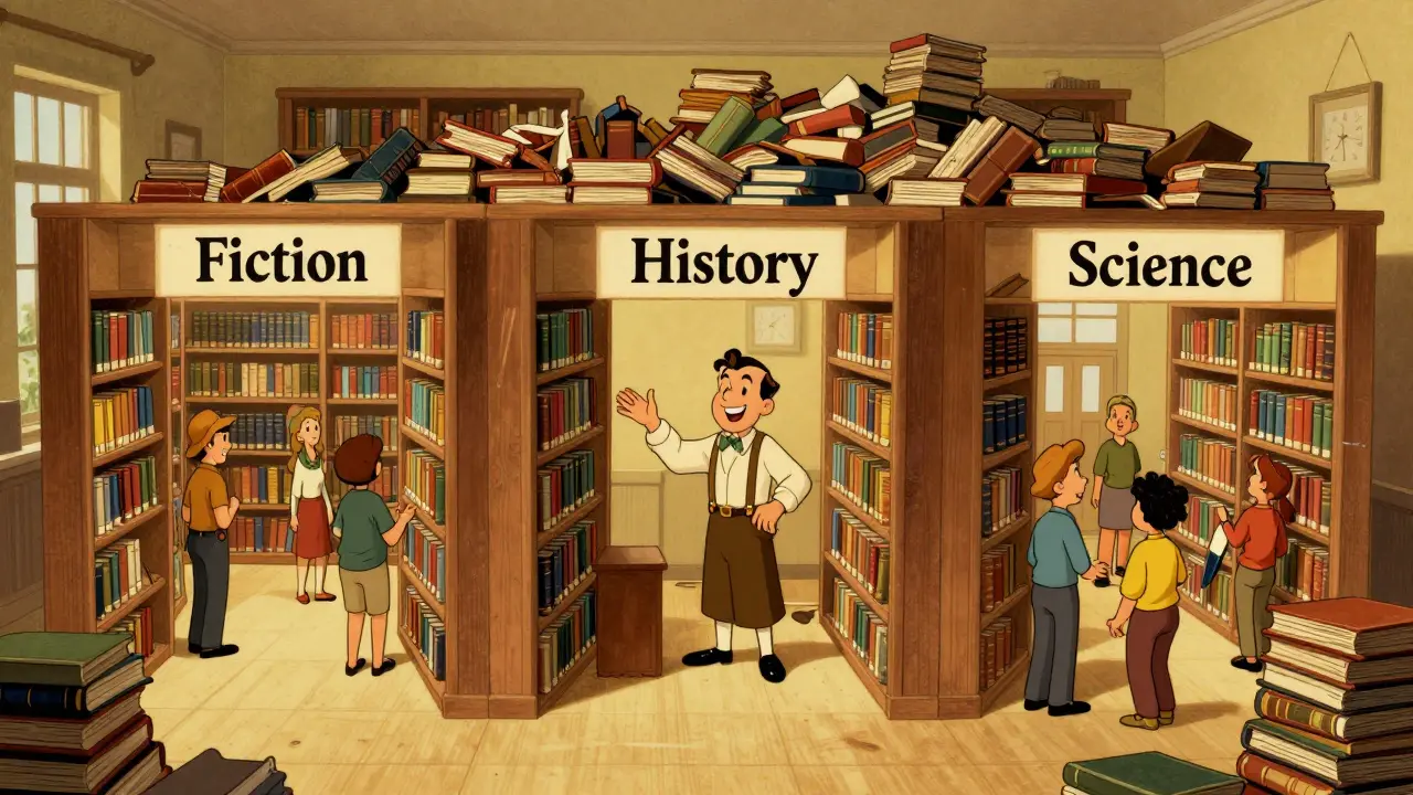 Vintage illustration comparing organized library rooms (shards) to a chaotic single room.