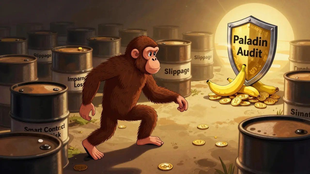 Vintage illustration of an ape navigating crypto risks towards safety.